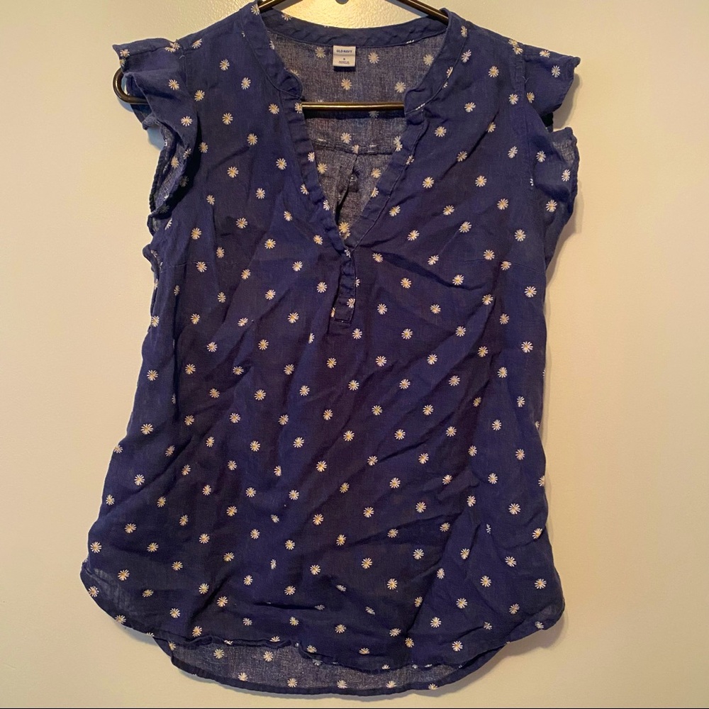 Dark Blue Ruffle Sleeve Tank, Daisy Pattern